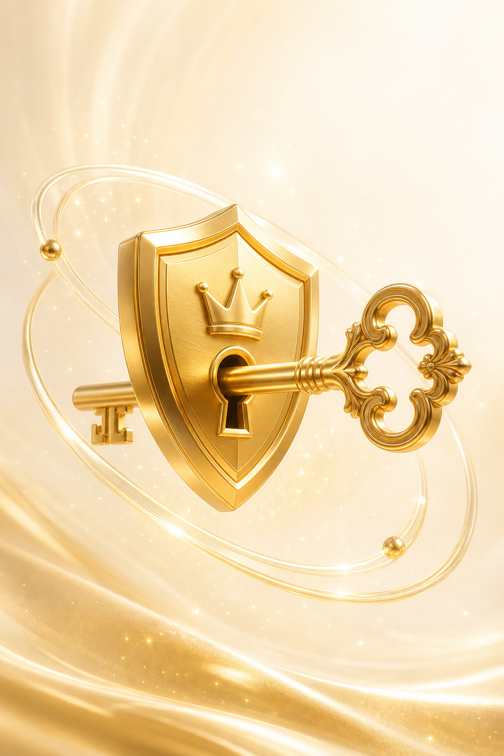 Gold shield and key symbolizing secure registration